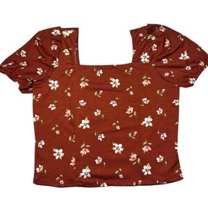 Lark + Grey Floral‎ Square Neck Puff Sleeve Rust Top Womens Large Crop Coquette